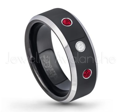 0.07ctw Ruby Tungsten Ring - July Birthstone Ring - 8mm Tungsten Wedding Band - Polished Black Ion Plated and Gunmetal Beveled Edge Comfort Fit Tungsten Carbide Ring TN119-RB