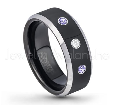 0.07ctw Tanzanite Tungsten Ring - December Birthstone Ring - 8mm Tungsten Wedding Band - Polished Black Ion Plated and Gunmetal Beveled Edge Comfort Fit Tungsten Carbide Ring TN119-TZN