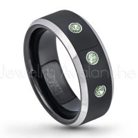 0.21ctw Alexandrite 3-Stone Tungsten Ring - June Birthstone Ring - 8mm Tungsten Wedding Band - Polished Black Ion Plated and Gunmetal Beveled Edge Comfort Fit Tungsten Carbide Ring TN119-ALX