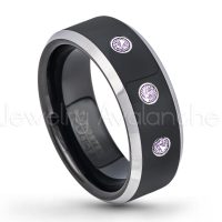 0.21ctw Amethyst 3-Stone Tungsten Ring - February Birthstone Ring - 8mm Tungsten Wedding Band - Polished Black Ion Plated and Gunmetal Beveled Edge Comfort Fit Tungsten Carbide Ring TN119-AMT