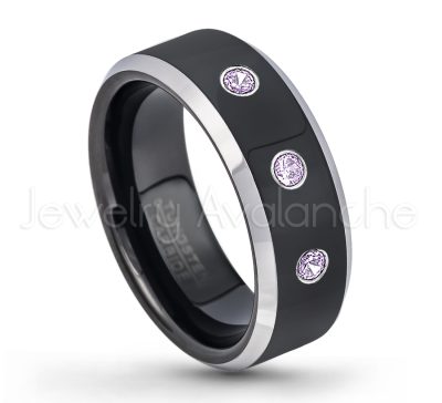 0.21ctw Amethyst 3-Stone Tungsten Ring - February Birthstone Ring - 8mm Tungsten Wedding Band - Polished Black Ion Plated and Gunmetal Beveled Edge Comfort Fit Tungsten Carbide Ring TN119-AMT