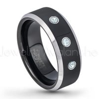 0.21ctw Aquamarine 3-Stone Tungsten Ring - March Birthstone Ring - 8mm Tungsten Wedding Band - Polished Black Ion Plated and Gunmetal Beveled Edge Comfort Fit Tungsten Carbide Ring TN119-AQM