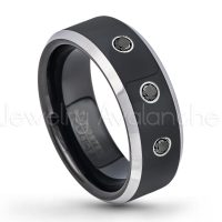 0.21ctw Black Diamond 3-Stone Tungsten Ring - April Birthstone Ring - 8mm Tungsten Wedding Band - Polished Black Ion Plated and Gunmetal Beveled Edge Comfort Fit Tungsten Carbide Ring TN119-BD