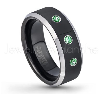0.21ctw Emerald 3-Stone Tungsten Ring - May Birthstone Ring - 8mm Tungsten Wedding Band - Polished Black Ion Plated and Gunmetal Beveled Edge Comfort Fit Tungsten Carbide Ring TN119-ED
