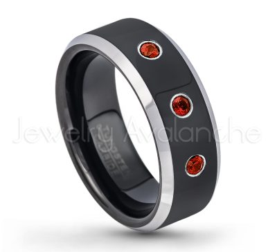 0.21ctw Garnet 3-Stone Tungsten Ring - January Birthstone Ring - 8mm Tungsten Wedding Band - Polished Black Ion Plated and Gunmetal Beveled Edge Comfort Fit Tungsten Carbide Ring TN119-GR