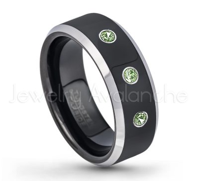 0.21ctw Green Tourmaline 3-Stone Tungsten Ring - October Birthstone Ring - 8mm Tungsten Wedding Band - Polished Black Ion Plated and Gunmetal Beveled Edge Comfort Fit Tungsten Carbide Ring TN119-GTM