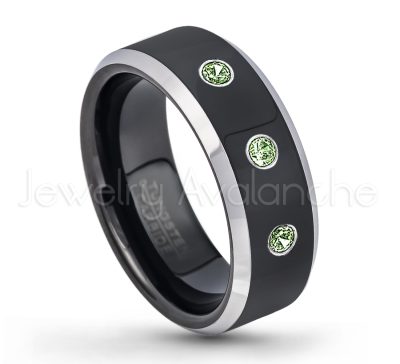 0.21ctw Green Tourmaline & Diamond 3-Stone Tungsten Ring - October Birthstone Ring - 8mm Tungsten Wedding Band - Polished Black Ion Plated and Gunmetal Beveled Edge Comfort Fit Tungsten Carbide Ring TN119-GTM