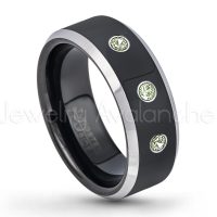 0.21ctw Peridot 3-Stone Tungsten Ring - August Birthstone Ring - 8mm Tungsten Wedding Band - Polished Black Ion Plated and Gunmetal Beveled Edge Comfort Fit Tungsten Carbide Ring TN119-PD
