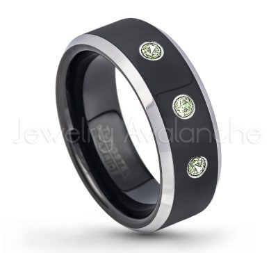 0.21ctw Peridot & Diamond 3-Stone Tungsten Ring - August Birthstone Ring - 8mm Tungsten Wedding Band - Polished Black Ion Plated and Gunmetal Beveled Edge Comfort Fit Tungsten Carbide Ring TN119-PD