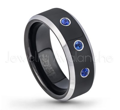 0.21ctw Blue Sapphire 3-Stone Tungsten Ring - September Birthstone Ring - 8mm Tungsten Wedding Band - Polished Black Ion Plated and Gunmetal Beveled Edge Comfort Fit Tungsten Carbide Ring TN119-SP