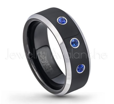 0.21ctw Blue Sapphire & Diamond 3-Stone Tungsten Ring - September Birthstone Ring - 8mm Tungsten Wedding Band - Polished Black Ion Plated and Gunmetal Beveled Edge Comfort Fit Tungsten Carbide Ring TN119-SP