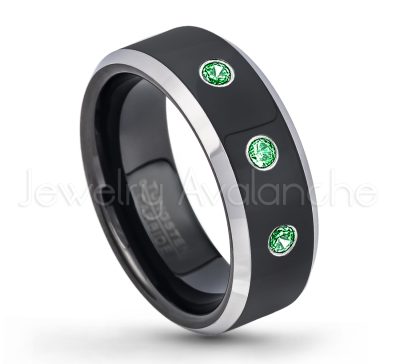 0.21ctw Tsavorite 3-Stone Tungsten Ring - January Birthstone Ring - 8mm Tungsten Wedding Band - Polished Black Ion Plated and Gunmetal Beveled Edge Comfort Fit Tungsten Carbide Ring TN119-TVR