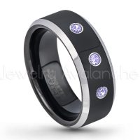 0.21ctw Tanzanite 3-Stone Tungsten Ring - December Birthstone Ring - 8mm Tungsten Wedding Band - Polished Black Ion Plated and Gunmetal Beveled Edge Comfort Fit Tungsten Carbide Ring TN119-TZN