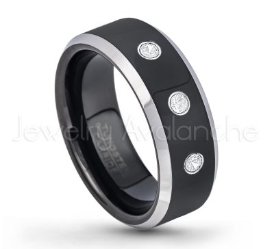 0.21ctw Diamond 3-Stone Tungsten Ring - April Birthstone Ring - 8mm Tungsten Wedding Band - Polished Black Ion Plated and Gunmetal Beveled Edge Comfort Fit Tungsten Carbide Ring TN119-WD