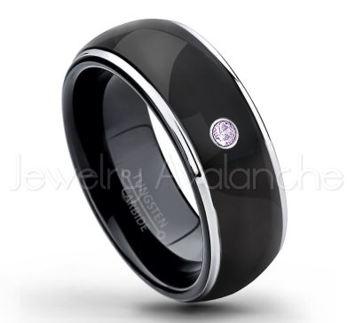 0.07ctw Amethyst Tungsten Ring - February Birthstone Ring - 2-tone Dome Tungsten Ring - Polished Finish Black Ion Plated Comfort Fit Tungsten Carbide Wedding Ring - Men's Anniversary Ring TN123-AMT