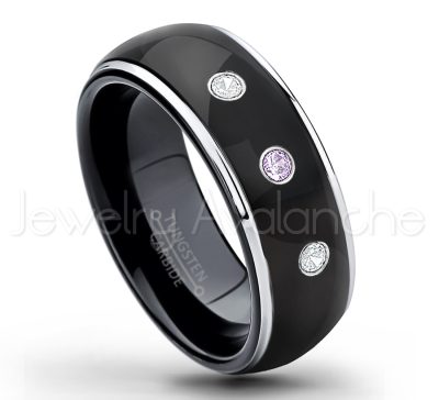 0.21ctw Amethyst 3-Stone Tungsten Ring - February Birthstone Ring - 2-tone Dome Tungsten Ring - Polished Finish Black Ion Plated Comfort Fit Tungsten Carbide Wedding Ring - Men's Anniversary Ring TN123-AMT