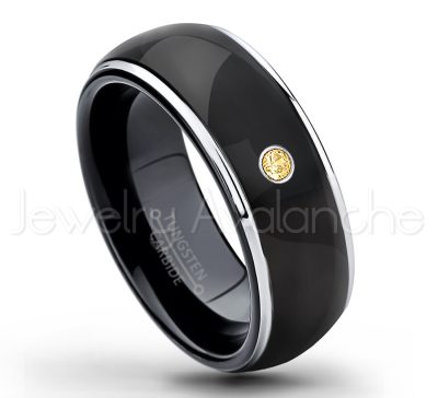 0.07ctw Citrine Tungsten Ring - November Birthstone Ring - 2-tone Dome Tungsten Ring - Polished Finish Black Ion Plated Comfort Fit Tungsten Carbide Wedding Ring - Men's Anniversary Ring TN123-CN
