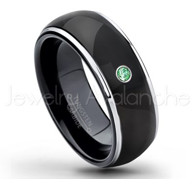 0.21ctw Emerald 3-Stone Tungsten Ring - May Birthstone Ring - 2-tone Dome Tungsten Ring - Polished Finish Black Ion Plated Comfort Fit Tungsten Carbide Wedding Ring - Men's Anniversary Ring TN123-ED