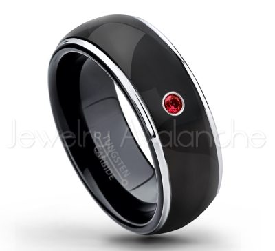 0.21ctw Garnet 3-Stone Tungsten Ring - January Birthstone Ring - 2-tone Dome Tungsten Ring - Polished Finish Black Ion Plated Comfort Fit Tungsten Carbide Wedding Ring - Men's Anniversary Ring TN123-GR