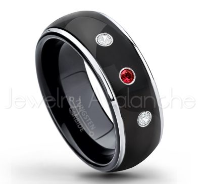 0.07ctw Garnet Tungsten Ring - January Birthstone Ring - 2-tone Dome Tungsten Ring - Polished Finish Black Ion Plated Comfort Fit Tungsten Carbide Wedding Ring - Men's Anniversary Ring TN123-GR