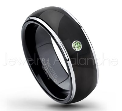 0.21ctw Green Tourmaline 3-Stone Tungsten Ring - October Birthstone Ring - 2-tone Dome Tungsten Ring - Polished Finish Black Ion Plated Comfort Fit Tungsten Carbide Wedding Ring - Men's Anniversary Ring TN123-GTM