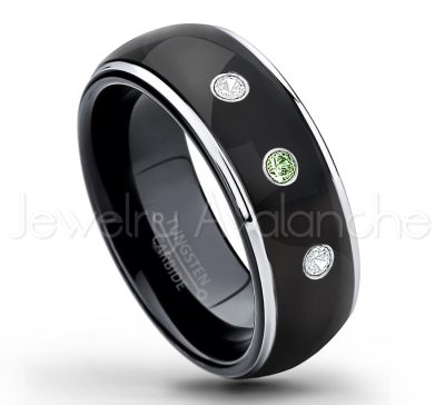 0.21ctw Green Tourmaline 3-Stone Tungsten Ring - October Birthstone Ring - 2-tone Dome Tungsten Ring - Polished Finish Black Ion Plated Comfort Fit Tungsten Carbide Wedding Ring - Men's Anniversary Ring TN123-GTM