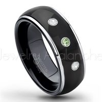 0.21ctw Green Tourmaline & Diamond 3-Stone Tungsten Ring - October Birthstone Ring - 2-tone Dome Tungsten Ring - Polished Finish Black Ion Plated Comfort Fit Tungsten Carbide Wedding Ring - Men's Anniversary Ring TN123-GTM