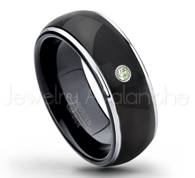 0.21ctw Peridot & Diamond 3-Stone Tungsten Ring - August Birthstone Ring - 2-tone Dome Tungsten Ring - Polished Finish Black Ion Plated Comfort Fit Tungsten Carbide Wedding Ring - Men's Anniversary Ring TN123-PD