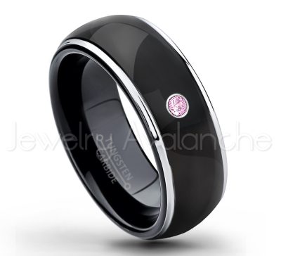 0.21ctw Pink Tourmaline 3-Stone Tungsten Ring - October Birthstone Ring - 2-tone Dome Tungsten Ring - Polished Finish Black Ion Plated Comfort Fit Tungsten Carbide Wedding Ring - Men's Anniversary Ring TN123-PTM