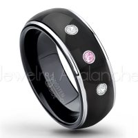 0.21ctw Pink Tourmaline & Diamond 3-Stone Tungsten Ring - October Birthstone Ring - 2-tone Dome Tungsten Ring - Polished Finish Black Ion Plated Comfort Fit Tungsten Carbide Wedding Ring - Men's Anniversary Ring TN123-PTM