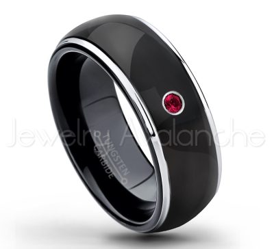 0.07ctw Ruby Tungsten Ring - July Birthstone Ring - 2-tone Dome Tungsten Ring - Polished Finish Black Ion Plated Comfort Fit Tungsten Carbide Wedding Ring - Men's Anniversary Ring TN123-RB