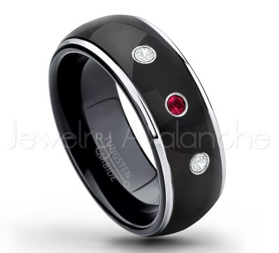 0.07ctw Ruby Tungsten Ring - July Birthstone Ring - 2-tone Dome Tungsten Ring - Polished Finish Black Ion Plated Comfort Fit Tungsten Carbide Wedding Ring - Men's Anniversary Ring TN123-RB