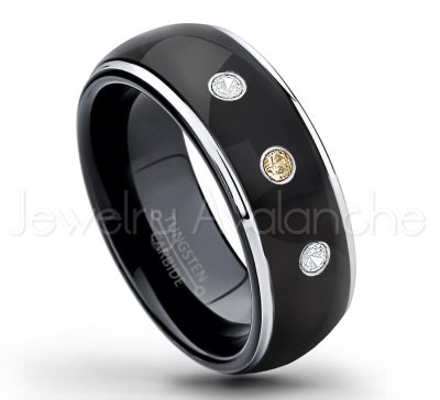 0.21ctw Smokey Quartz 3-Stone Tungsten Ring - November Birthstone Ring - 2-tone Dome Tungsten Ring - Polished Finish Black Ion Plated Comfort Fit Tungsten Carbide Wedding Ring - Men's Anniversary Ring TN123-SMQ