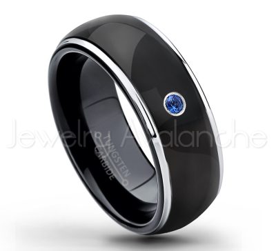 0.21ctw Blue Sapphire 3-Stone Tungsten Ring - September Birthstone Ring - 2-tone Dome Tungsten Ring - Polished Finish Black Ion Plated Comfort Fit Tungsten Carbide Wedding Ring - Men's Anniversary Ring TN123-SP