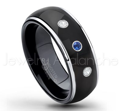 0.07ctw Blue Sapphire Tungsten Ring - September Birthstone Ring - 2-tone Dome Tungsten Ring - Polished Finish Black Ion Plated Comfort Fit Tungsten Carbide Wedding Ring - Men's Anniversary Ring TN123-SP