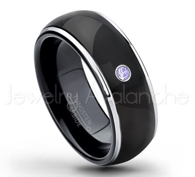 0.07ctw Tanzanite Tungsten Ring - December Birthstone Ring - 2-tone Dome Tungsten Ring - Polished Finish Black Ion Plated Comfort Fit Tungsten Carbide Wedding Ring - Men's Anniversary Ring TN123-TZN