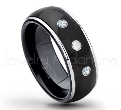 0.07ctw Aquamarine Tungsten Ring - March Birthstone Ring - 2-tone Dome Tungsten Ring - Polished Finish Black Ion Plated Comfort Fit Tungsten Carbide Wedding Ring - Men's Anniversary Ring TN123-AQM
