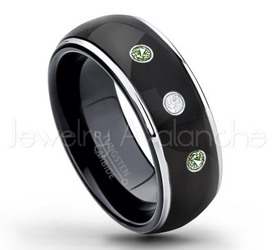 0.21ctw Green Tourmaline & Diamond 3-Stone Tungsten Ring - October Birthstone Ring - 2-tone Dome Tungsten Ring - Polished Finish Black Ion Plated Comfort Fit Tungsten Carbide Wedding Ring - Men's Anniversary Ring TN123-GTM