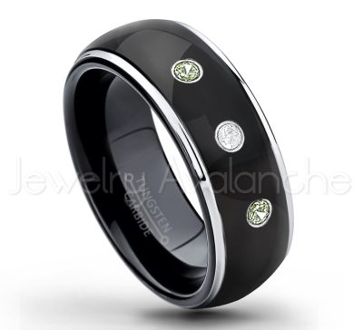 0.21ctw Peridot 3-Stone Tungsten Ring - August Birthstone Ring - 2-tone Dome Tungsten Ring - Polished Finish Black Ion Plated Comfort Fit Tungsten Carbide Wedding Ring - Men's Anniversary Ring TN123-PD