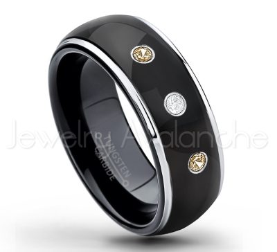 0.21ctw Smokey Quartz & Diamond 3-Stone Tungsten Ring - November Birthstone Ring - 2-tone Dome Tungsten Ring - Polished Finish Black Ion Plated Comfort Fit Tungsten Carbide Wedding Ring - Men's Anniversary Ring TN123-SMQ