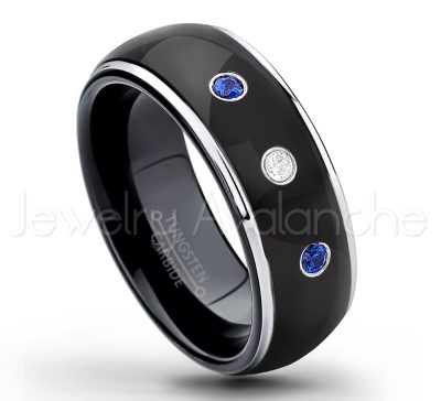 0.21ctw Blue Sapphire & Diamond 3-Stone Tungsten Ring - September Birthstone Ring - 2-tone Dome Tungsten Ring - Polished Finish Black Ion Plated Comfort Fit Tungsten Carbide Wedding Ring - Men's Anniversary Ring TN123-SP