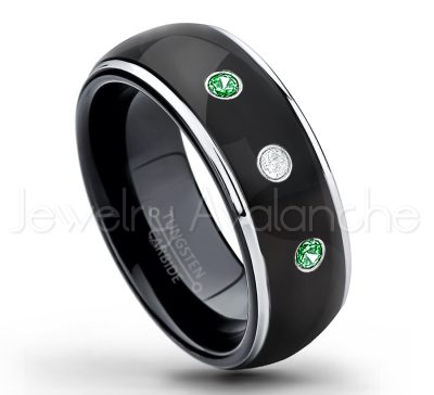 0.07ctw Tsavorite Tungsten Ring - January Birthstone Ring - 2-tone Dome Tungsten Ring - Polished Finish Black Ion Plated Comfort Fit Tungsten Carbide Wedding Ring - Men's Anniversary Ring TN123-TVR