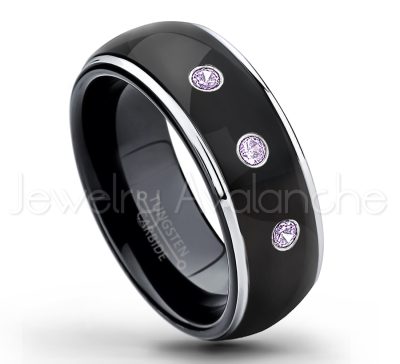 0.21ctw Amethyst & Diamond 3-Stone Tungsten Ring - February Birthstone Ring - 2-tone Dome Tungsten Ring - Polished Finish Black Ion Plated Comfort Fit Tungsten Carbide Wedding Ring - Men's Anniversary Ring TN123-AMT