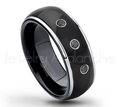 0.21ctw Black Diamond 3-Stone Tungsten Ring - April Birthstone Ring - 2-tone Dome Tungsten Ring - Polished Finish Black Ion Plated Comfort Fit Tungsten Carbide Wedding Ring - Men's Anniversary Ring TN123-BD