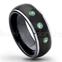 0.21ctw Emerald 3-Stone Tungsten Ring - May Birthstone Ring - 2-tone Dome Tungsten Ring - Polished Finish Black Ion Plated Comfort Fit Tungsten Carbide Wedding Ring - Men's Anniversary Ring TN123-ED