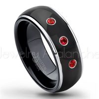 0.21ctw Garnet 3-Stone Tungsten Ring - January Birthstone Ring - 2-tone Dome Tungsten Ring - Polished Finish Black Ion Plated Comfort Fit Tungsten Carbide Wedding Ring - Men's Anniversary Ring TN123-GR