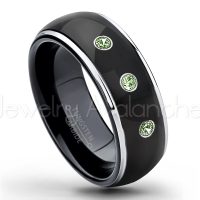 0.21ctw Green Tourmaline 3-Stone Tungsten Ring - October Birthstone Ring - 2-tone Dome Tungsten Ring - Polished Finish Black Ion Plated Comfort Fit Tungsten Carbide Wedding Ring - Men's Anniversary Ring TN123-GTM