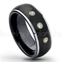 0.21ctw Peridot 3-Stone Tungsten Ring - August Birthstone Ring - 2-tone Dome Tungsten Ring - Polished Finish Black Ion Plated Comfort Fit Tungsten Carbide Wedding Ring - Men's Anniversary Ring TN123-PD