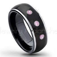 0.21ctw Pink Tourmaline 3-Stone Tungsten Ring - October Birthstone Ring - 2-tone Dome Tungsten Ring - Polished Finish Black Ion Plated Comfort Fit Tungsten Carbide Wedding Ring - Men's Anniversary Ring TN123-PTM