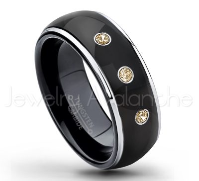 0.21ctw Smokey Quartz & Diamond 3-Stone Tungsten Ring - November Birthstone Ring - 2-tone Dome Tungsten Ring - Polished Finish Black Ion Plated Comfort Fit Tungsten Carbide Wedding Ring - Men's Anniversary Ring TN123-SMQ